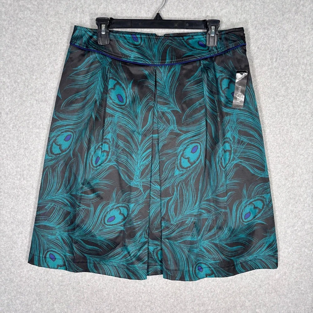 NEW Satin Peacock Print Pleated Skirt 12 Black Teal Glam Maximalist Stretch Knee
